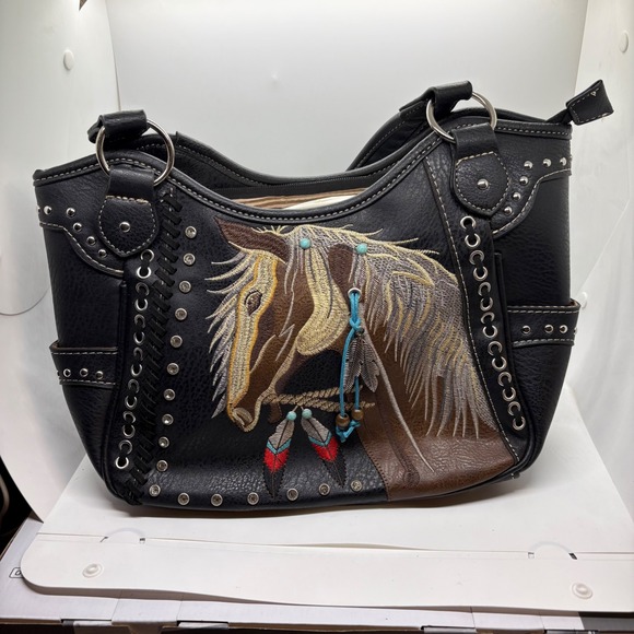 Unbranded Handbags - Western Horse Embroidered Studded Black Faux Leather Hobo Shoulder Bag Purse